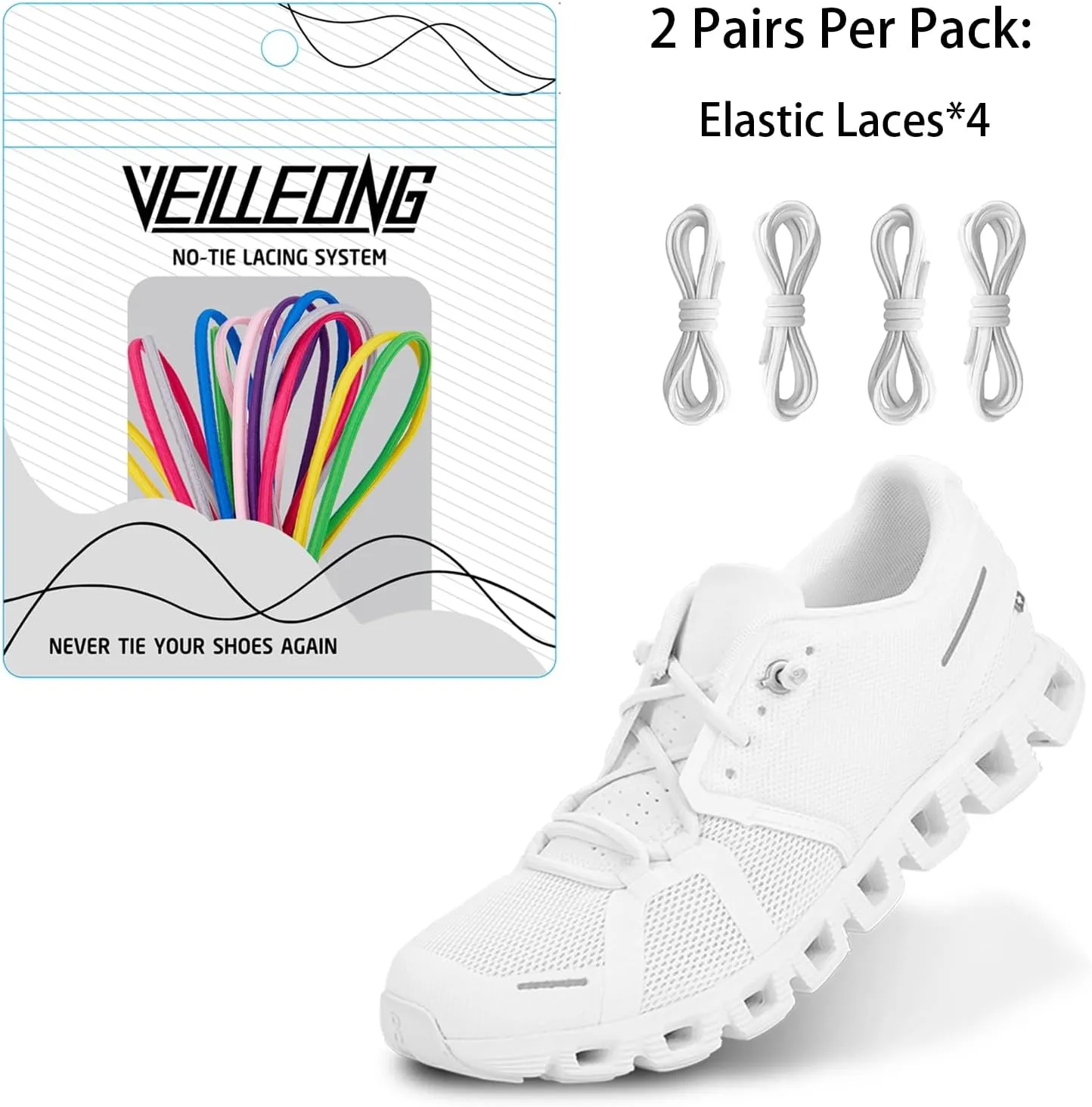 2 Pair Elastic No Tie Shoe Laces Tieless Shoelaces for Sneakers Shoes, One Size Fits All for Kids and Adults