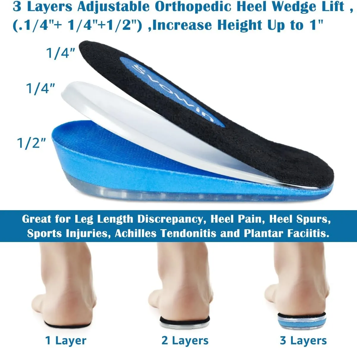 3 Layers Adjustable Height Increase Insoles, Heel Lift Inserts for Leg Length Discrepancies and Achilles Tendonitis, Heel Cushion Cups for Heel Pain, Heel Spur, Men and Women (Small)