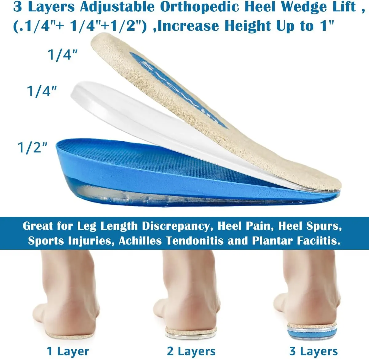 3 Layers Adjustable Orthopedic Heel Wedge Lift for Leg Length Discrepancies, Height Increase Insoles for Achilles Tendonitis, Heel Pain, Heel Cushion Cups for Heel Spur, Men and Women (Small, Beige)