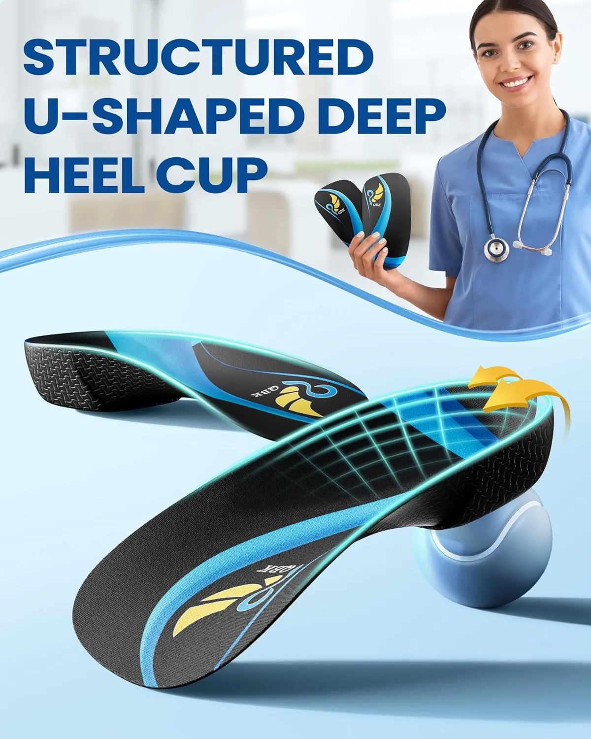 3/4 Arch Support Insoles for Women/Men,QBK Orthotics Shoe Insoles High Arch Supports Shoe Insoles for Plantar Fasciitis, Flat Feet, Over-Pronation,Height Increase Insoles, Heel Cushion InsertsM