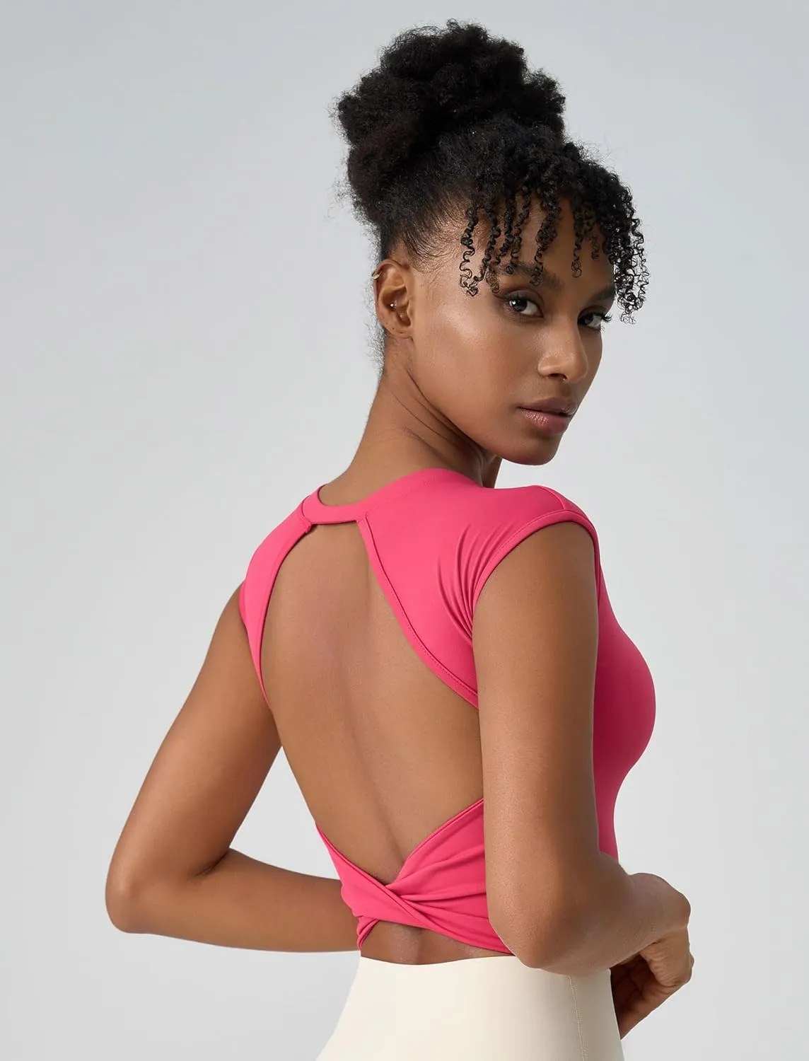 ABOCIW Workout Tops for Women Open Back Longline Sports Bras Athletic Crop Top Cap Sleeve Gym T Shirts with Built in Bra