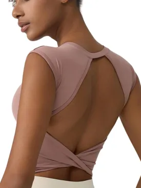 ABOCIW Workout Tops for Women Open Back Longline Sports Bras Athletic Crop Top Cap Sleeve Gym T Shirts with Built in Bra