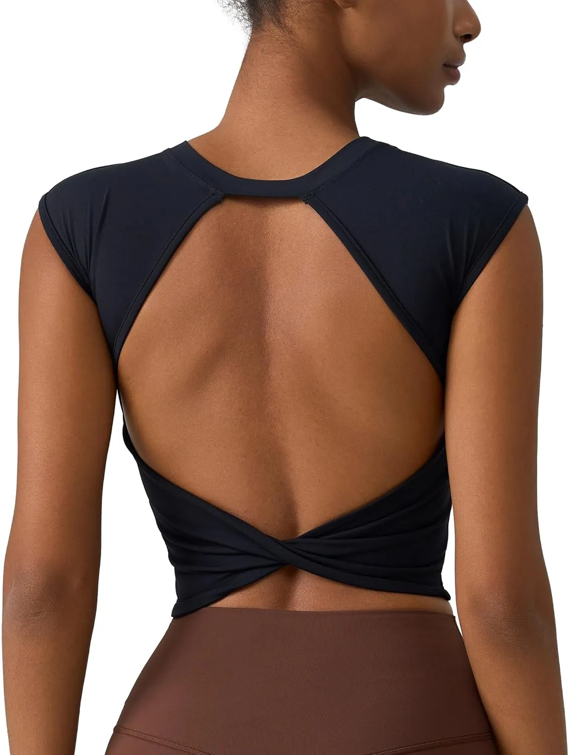 ABOCIW Workout Tops for Women Open Back Longline Sports Bras Athletic Crop Top Cap Sleeve Gym T Shirts with Built in Bra