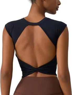 ABOCIW Workout Tops for Women Open Back Longline Sports Bras Athletic Crop Top Cap Sleeve Gym T Shirts with Built in Bra