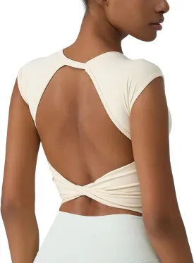 ABOCIW Workout Tops for Women Open Back Longline Sports Bras Athletic Crop Top Cap Sleeve Gym T Shirts with Built in Bra