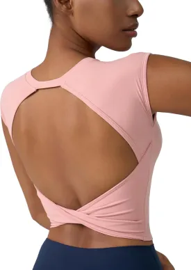 ABOCIW Workout Tops for Women Open Back Longline Sports Bras Athletic Crop Top Cap Sleeve Gym T Shirts with Built in Bra