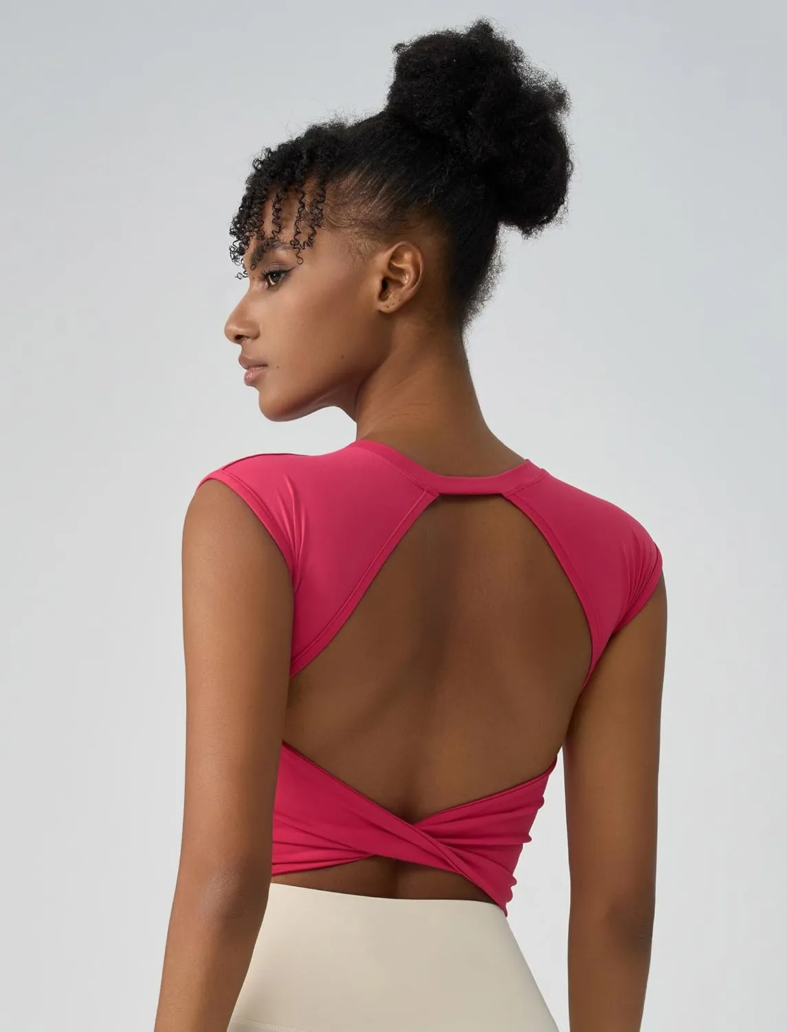 ABOCIW Workout Tops for Women Open Back Longline Sports Bras Athletic Crop Top Cap Sleeve Gym T Shirts with Built in Bra