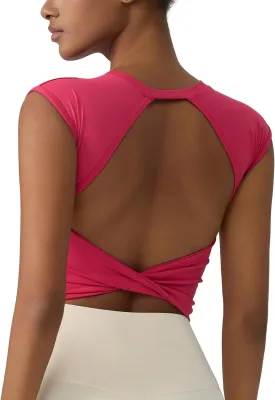ABOCIW Workout Tops for Women Open Back Longline Sports Bras Athletic Crop Top Cap Sleeve Gym T Shirts with Built in Bra