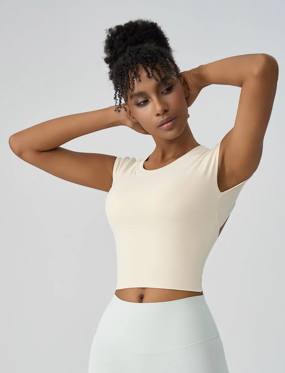 ABOCIW Workout Tops for Women Open Back Longline Sports Bras Athletic Crop Top Cap Sleeve Gym T Shirts with Built in Bra
