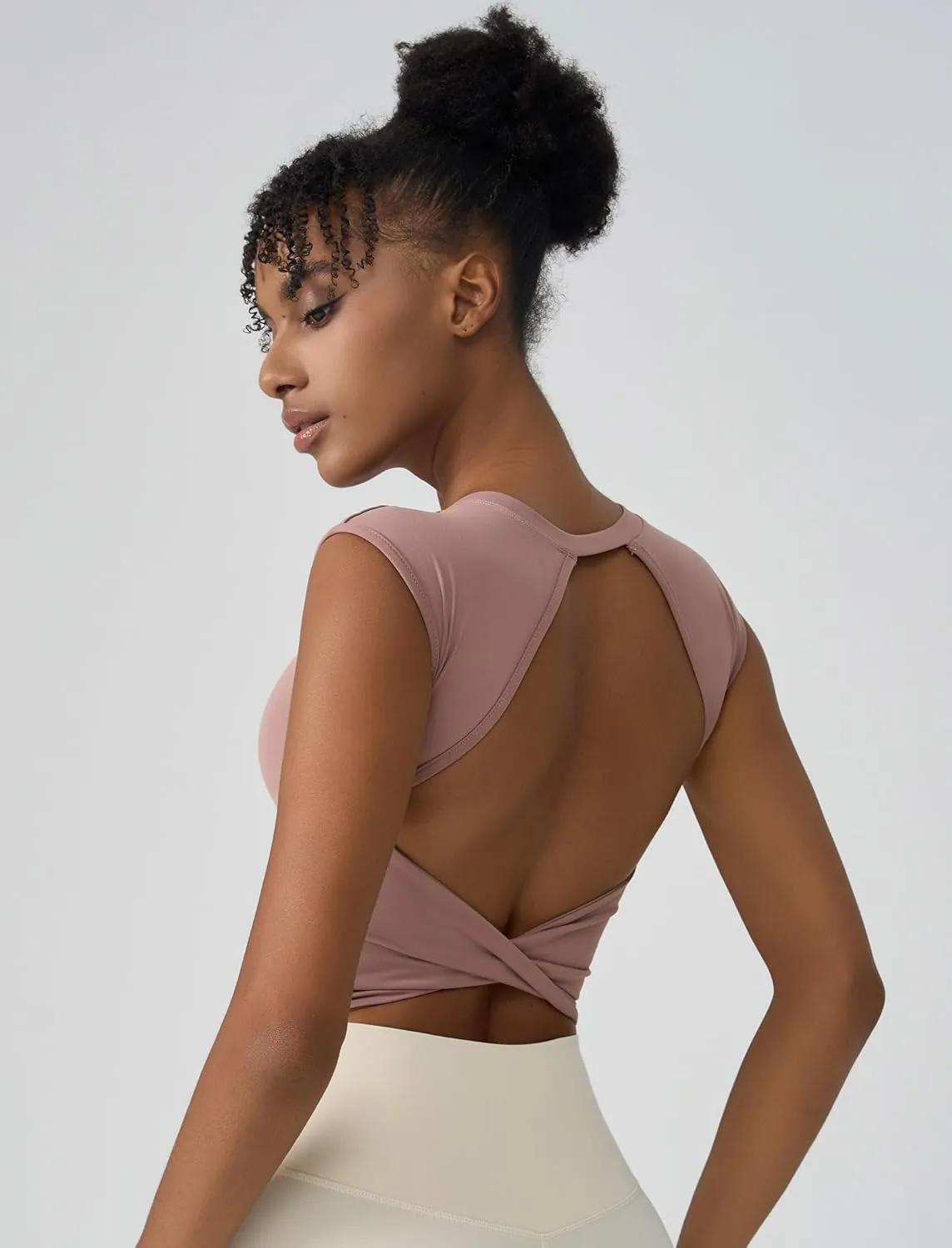 ABOCIW Workout Tops for Women Open Back Longline Sports Bras Athletic Crop Top Cap Sleeve Gym T Shirts with Built in Bra