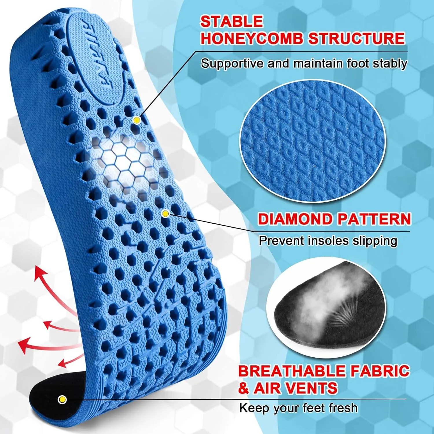 Ailaka Height Increase Insoles for Men Women, Honeycomb Shock Absorbing Cushion Shoe Height Insoles Men Women, Replacement Sports Shoe Inserts