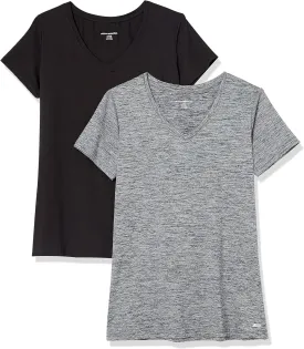 Amazon Essentials Women's Active Quick Dry Tech Stretch Short-Sleeve V-Neck T-Shirt (Available in Plus Size), Pack of 2