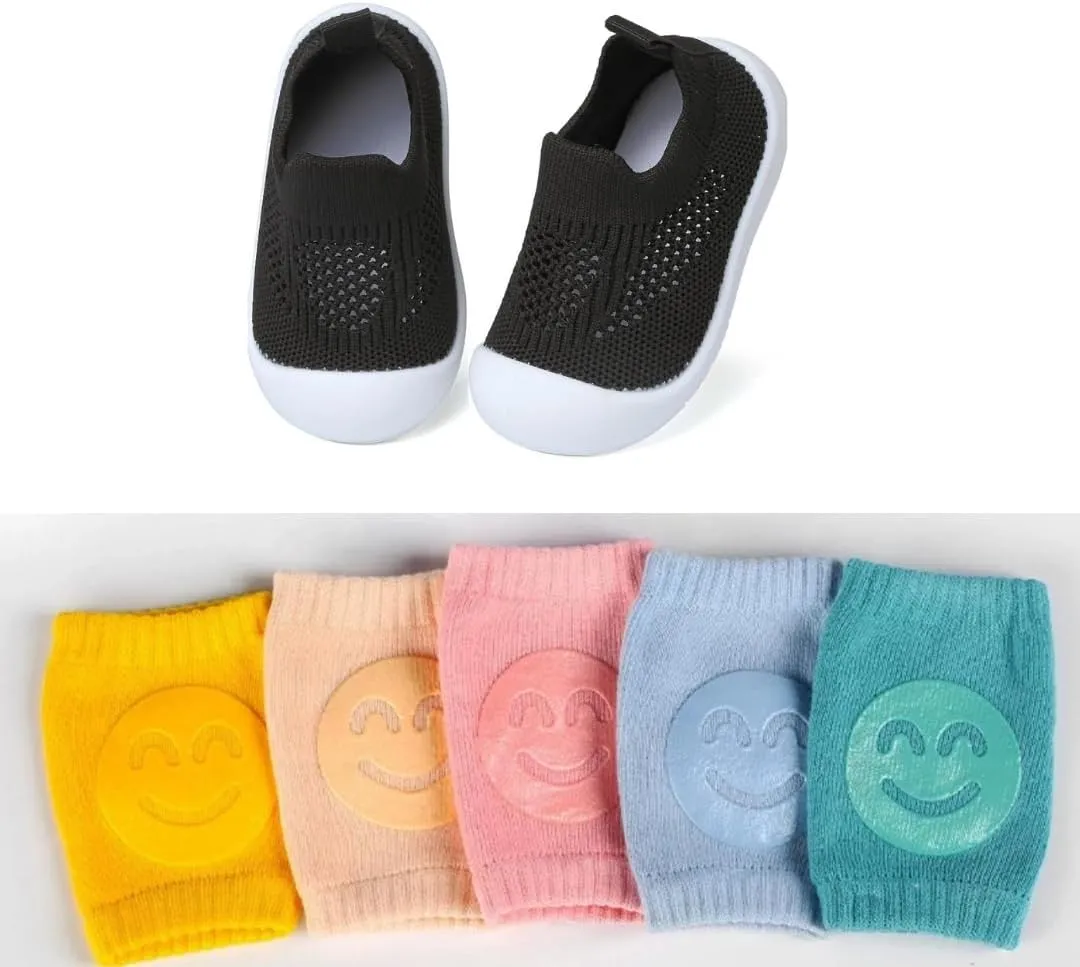 Baby Toddler Walking Shoes Boys Girls Sandal Breathable Sneakers Shoes for Walking Running with 5 Packs Anti Slip Knee Pad Protectors 18-24 months