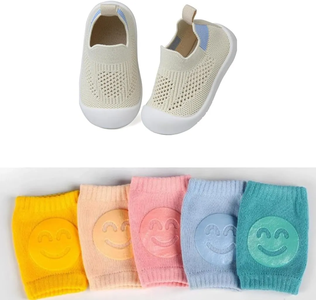 Baby Toddler Walking Shoes Boys Girls Sandal Breathable Sneakers Shoes for Walking Running with 5 Packs Anti Slip Knee Pad Protectors 18-24 months