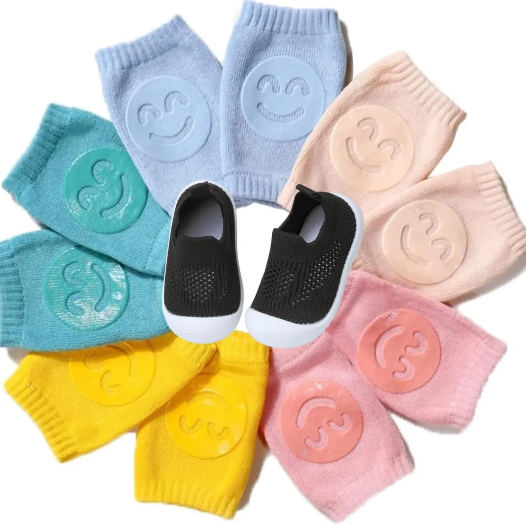 Baby Toddler Walking Shoes Boys Girls Sandal Breathable Sneakers Shoes for Walking Running with 5 Packs Anti Slip Knee Pad Protectors 18-24 months