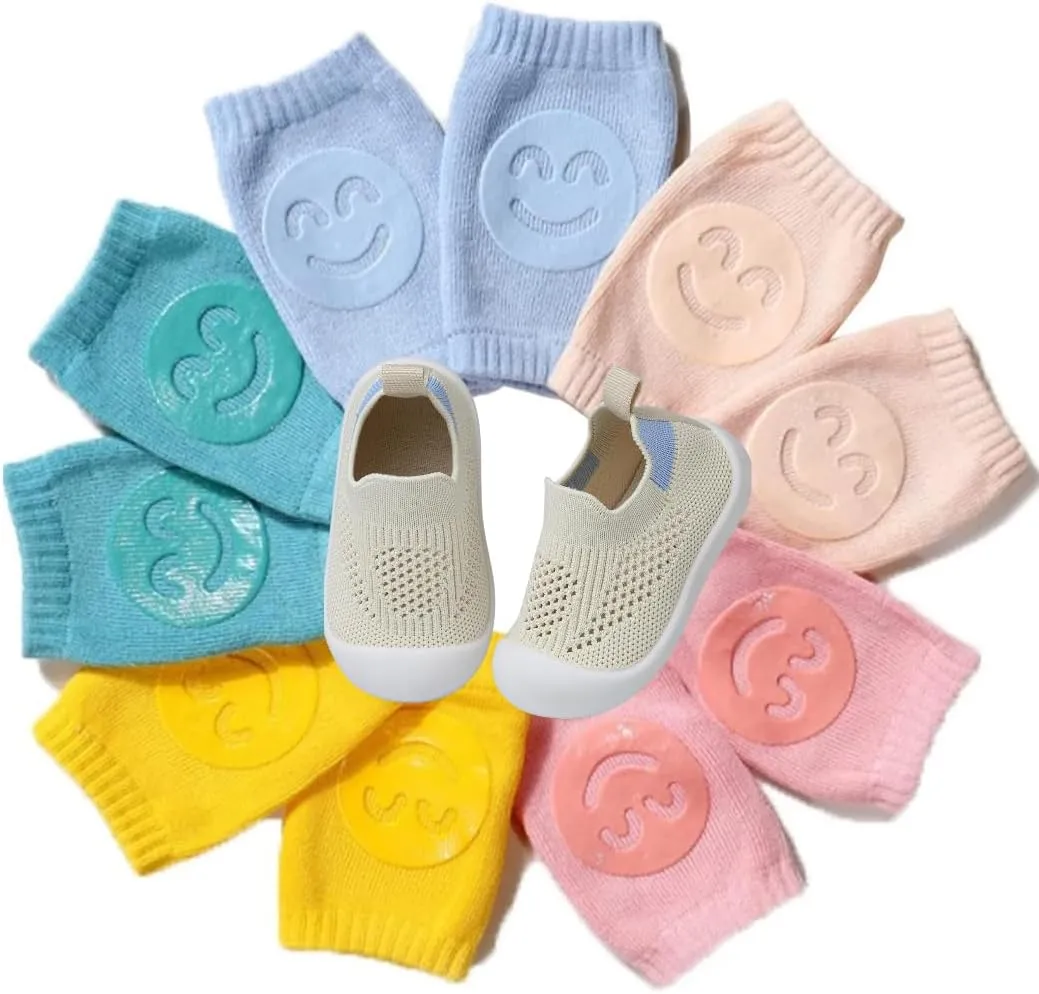 Baby Toddler Walking Shoes Boys Girls Sandal Breathable Sneakers Shoes for Walking Running with 5 Packs Anti Slip Knee Pad Protectors 18-24 months