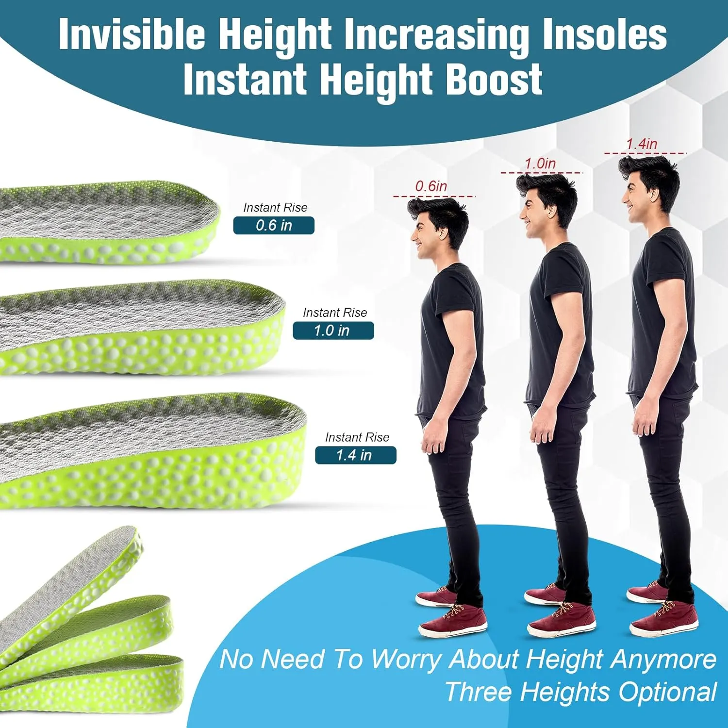 Brandone Height Insoles - Height Increase Insoles - Elastic Shock Absorbing Height Boosters, Breathable Shoe Lifts, Plantar Fasciitis Foot Pain Relief (Heel Height: 0.6Inch, Men: US 8-11)