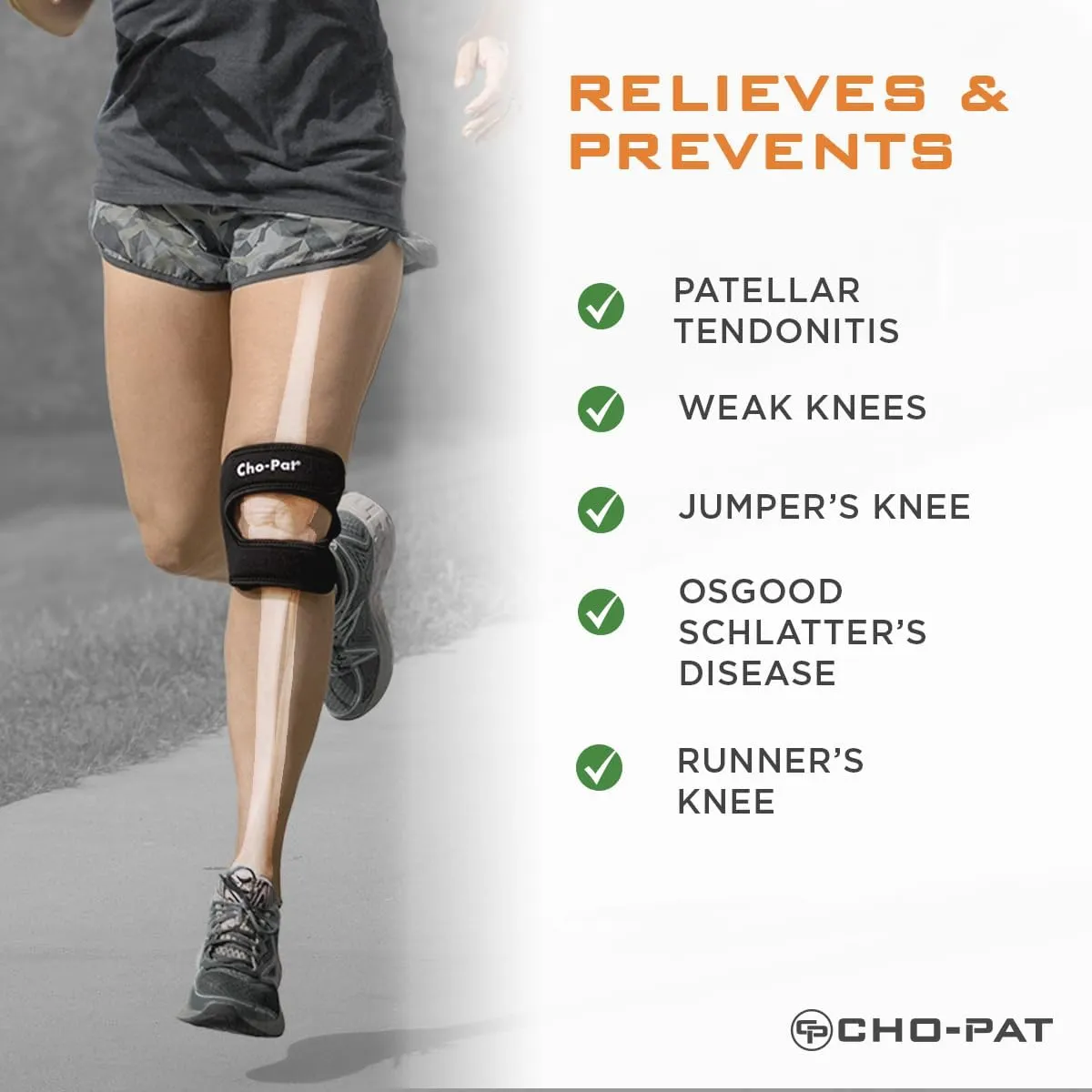 Cho-Pat Dual Action Double-Layer Adjustable Knee Strap, Full Mobility and Knee Pain Relief for Chondromalacia, Osgood Schlatters, Tendonitis, and Meniscus Tears, Medium