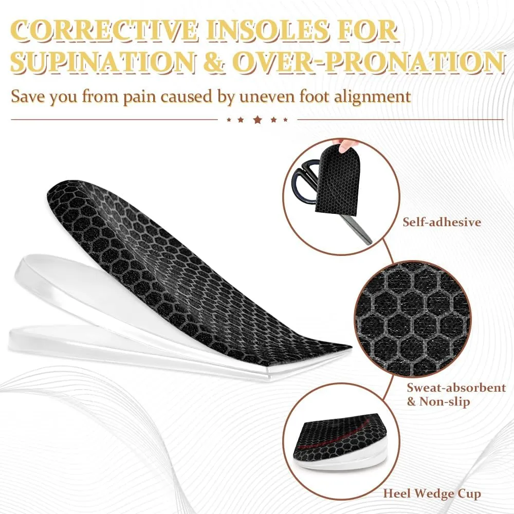 Corrective Insoles for Supination & Over-Pronation, Orthotics Medial & Lateral Heel Wedge Inserts for Foot Alignment, Bow Legs, Knee Pain (Black-3 Layers, S: Women 4-7.5/Men: 6-7)