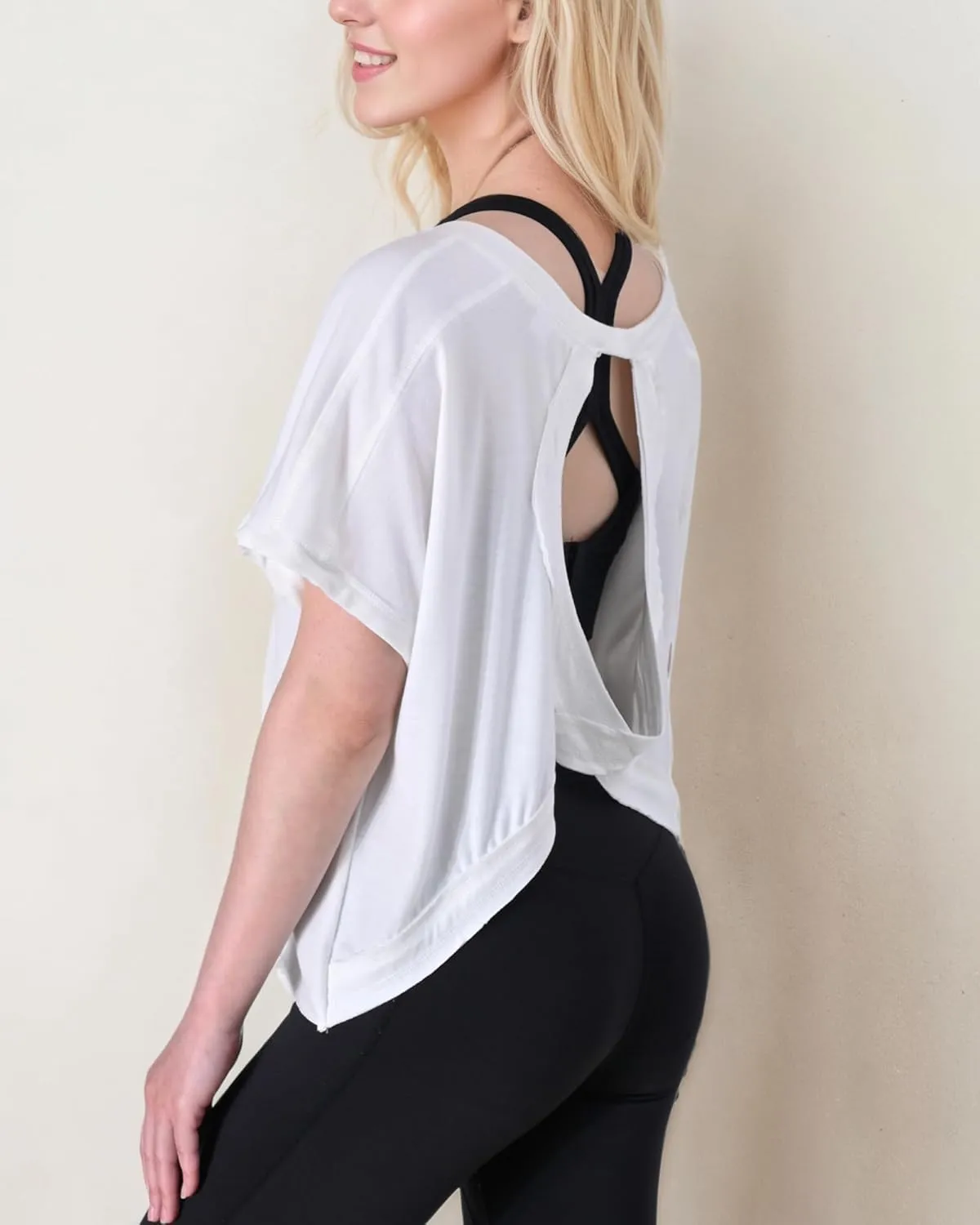 FOTN Open Back Workout Tops for Women 2025 Backless Short Sleeve Athletic Shirt Loose Fit for Running Yoga Gym Slouchy Tennis