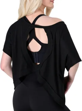 FOTN Open Back Workout Tops for Women 2025 Backless Short Sleeve Athletic Shirt Loose Fit for Running Yoga Gym Slouchy Tennis