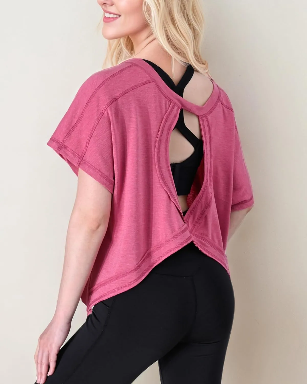 FOTN Open Back Workout Tops for Women 2025 Backless Short Sleeve Athletic Shirt Loose Fit for Running Yoga Gym Slouchy Tennis