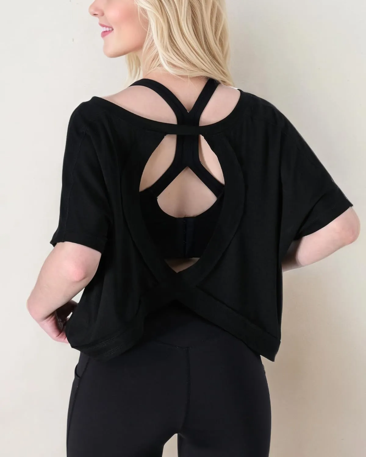 FOTN Open Back Workout Tops for Women 2025 Backless Short Sleeve Athletic Shirt Loose Fit for Running Yoga Gym Slouchy Tennis