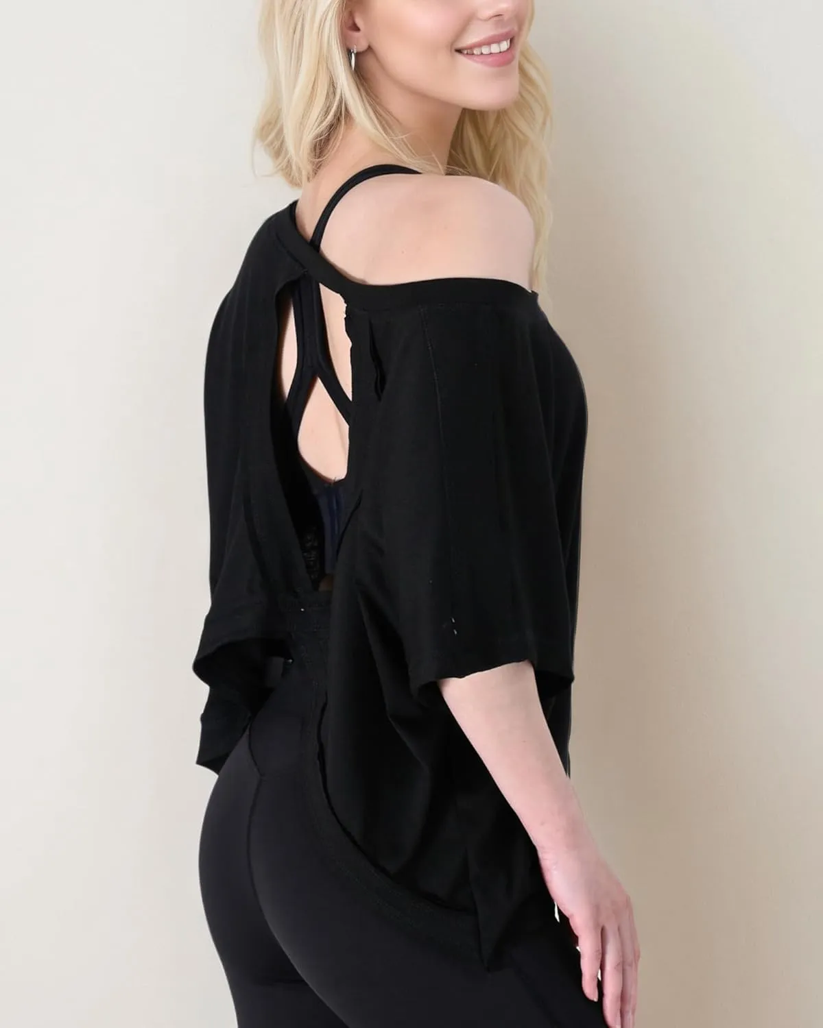 FOTN Open Back Workout Tops for Women 2025 Backless Short Sleeve Athletic Shirt Loose Fit for Running Yoga Gym Slouchy Tennis