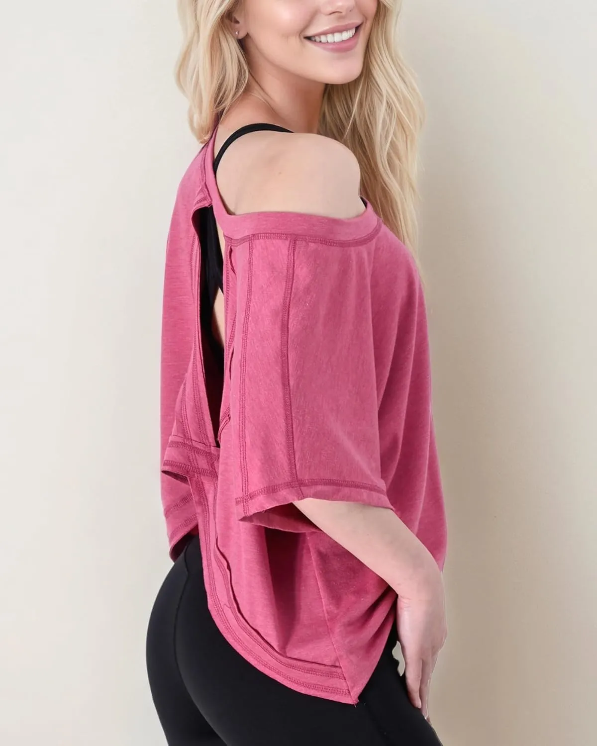 FOTN Open Back Workout Tops for Women 2025 Backless Short Sleeve Athletic Shirt Loose Fit for Running Yoga Gym Slouchy Tennis