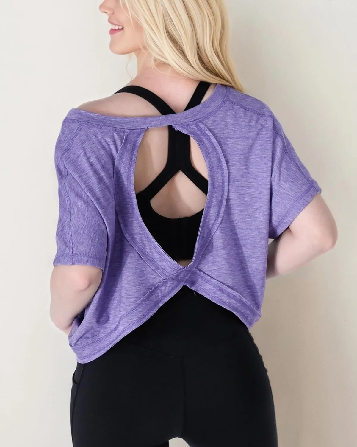 FOTN Open Back Workout Tops for Women 2025 Backless Short Sleeve Athletic Shirt Loose Fit for Running Yoga Gym Slouchy Tennis