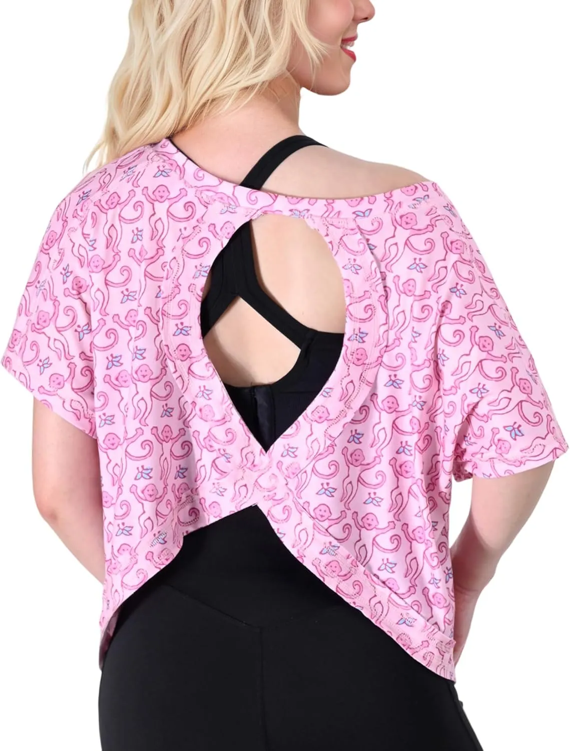 FOTN Open Back Workout Tops for Women 2025 Backless Short Sleeve Athletic Shirt Loose Fit for Running Yoga Gym Slouchy Tennis