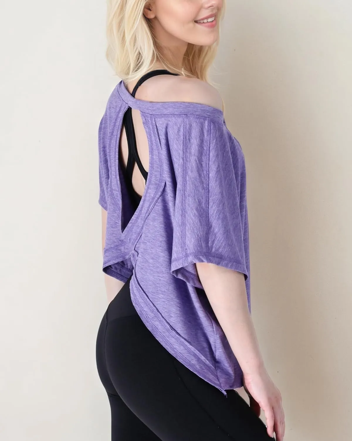 FOTN Open Back Workout Tops for Women 2025 Backless Short Sleeve Athletic Shirt Loose Fit for Running Yoga Gym Slouchy Tennis