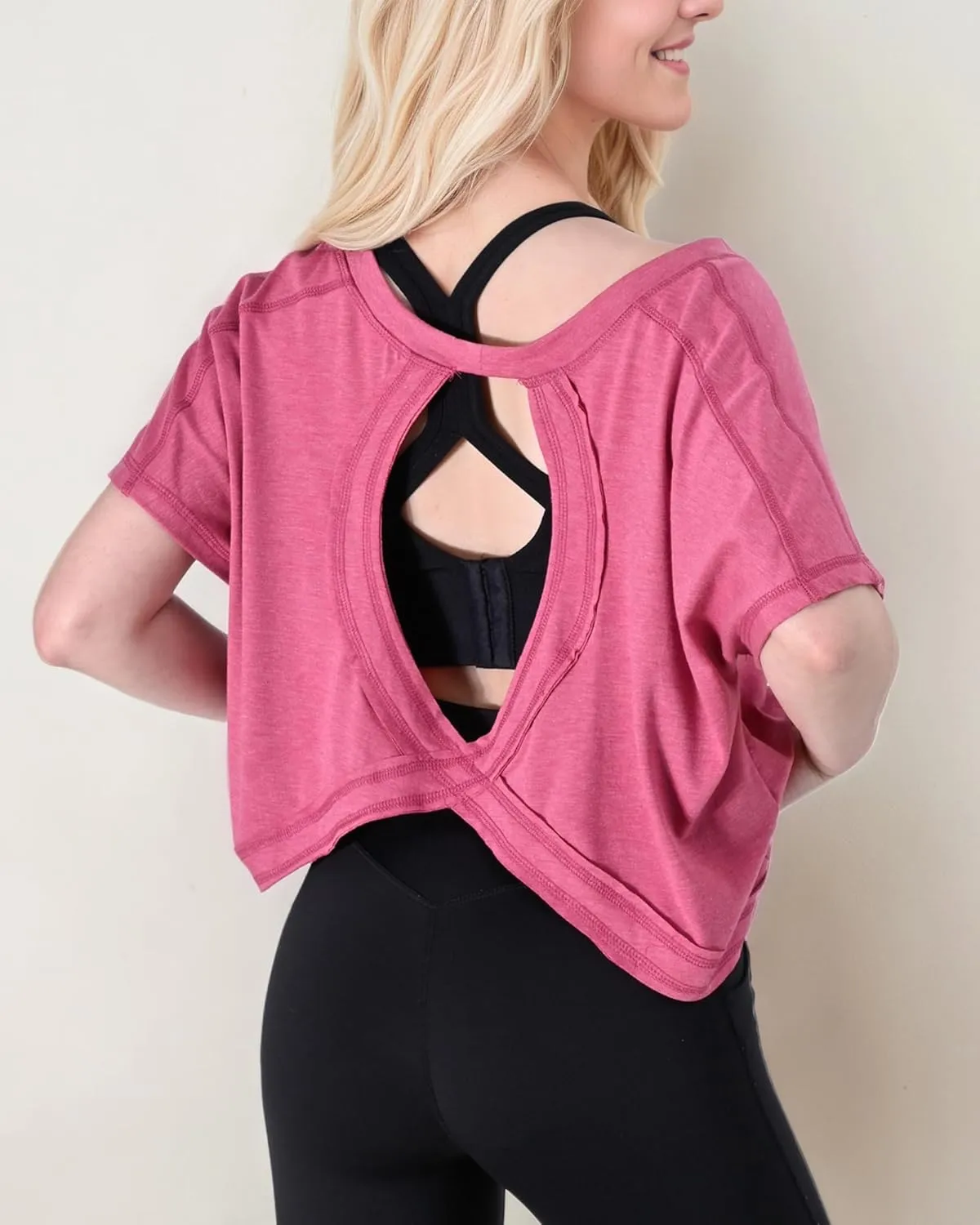 FOTN Open Back Workout Tops for Women 2025 Backless Short Sleeve Athletic Shirt Loose Fit for Running Yoga Gym Slouchy Tennis
