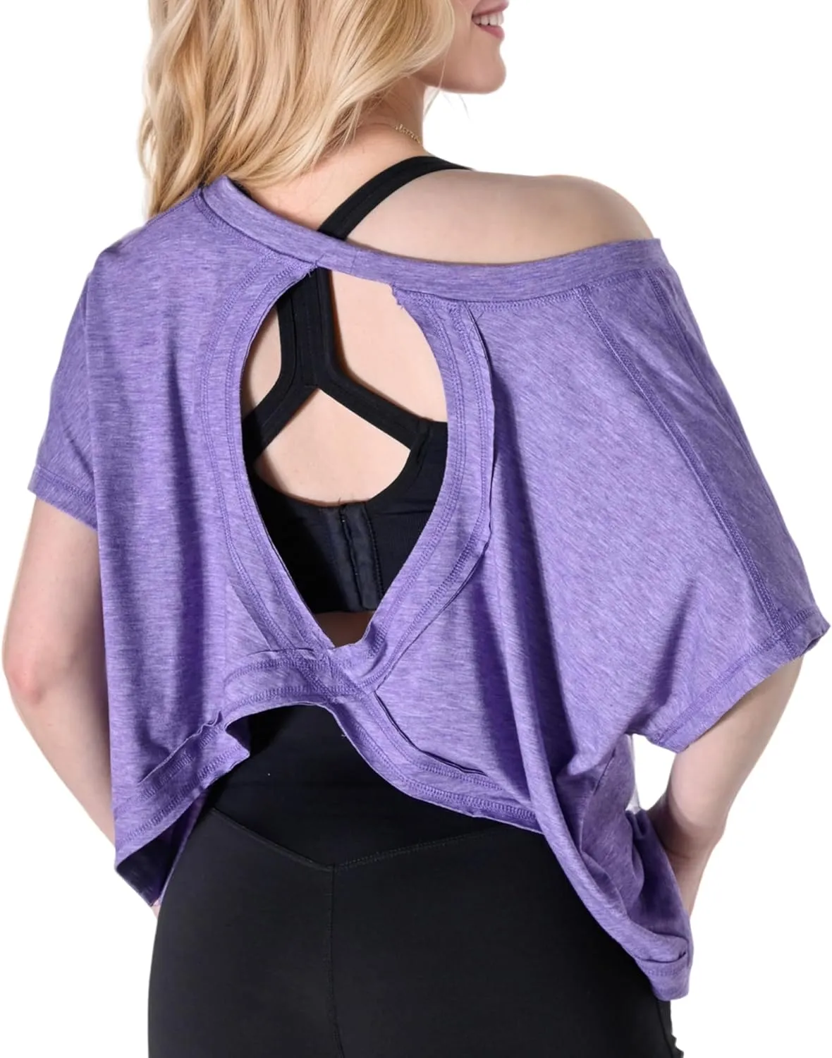 FOTN Open Back Workout Tops for Women 2025 Backless Short Sleeve Athletic Shirt Loose Fit for Running Yoga Gym Slouchy Tennis