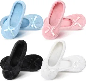 Geyoga 4 Pairs Women's Ballerina House Slippers with Satin Bow Tie Non Slip Bedroom Slippers Warm Ballet Style Socks for Indoor Home wedding winter Birthday Gifts, 4 colors