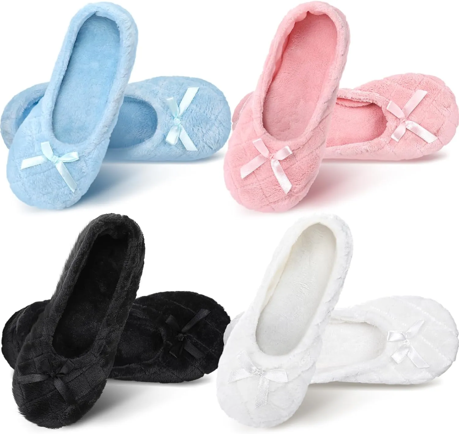 Geyoga 4 Pairs Women's Ballerina House Slippers with Satin Bow Tie Non Slip Bedroom Slippers Warm Ballet Style Socks for Indoor Home wedding winter Birthday Gifts, 4 colors