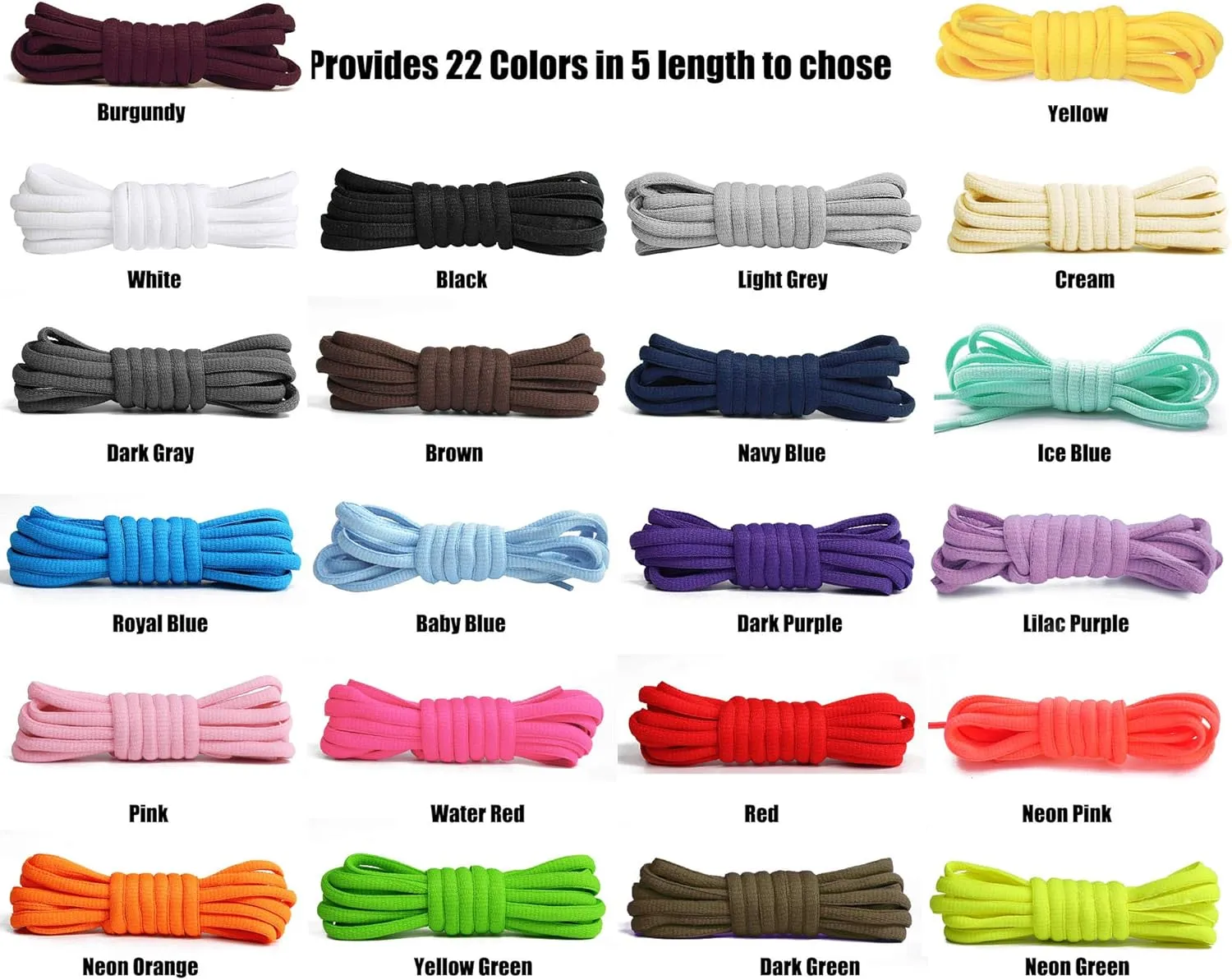 Handshop 1/4" Oval Athletic Shoelaces 24"-72" in 22 Colors Half Round Shoe Laces