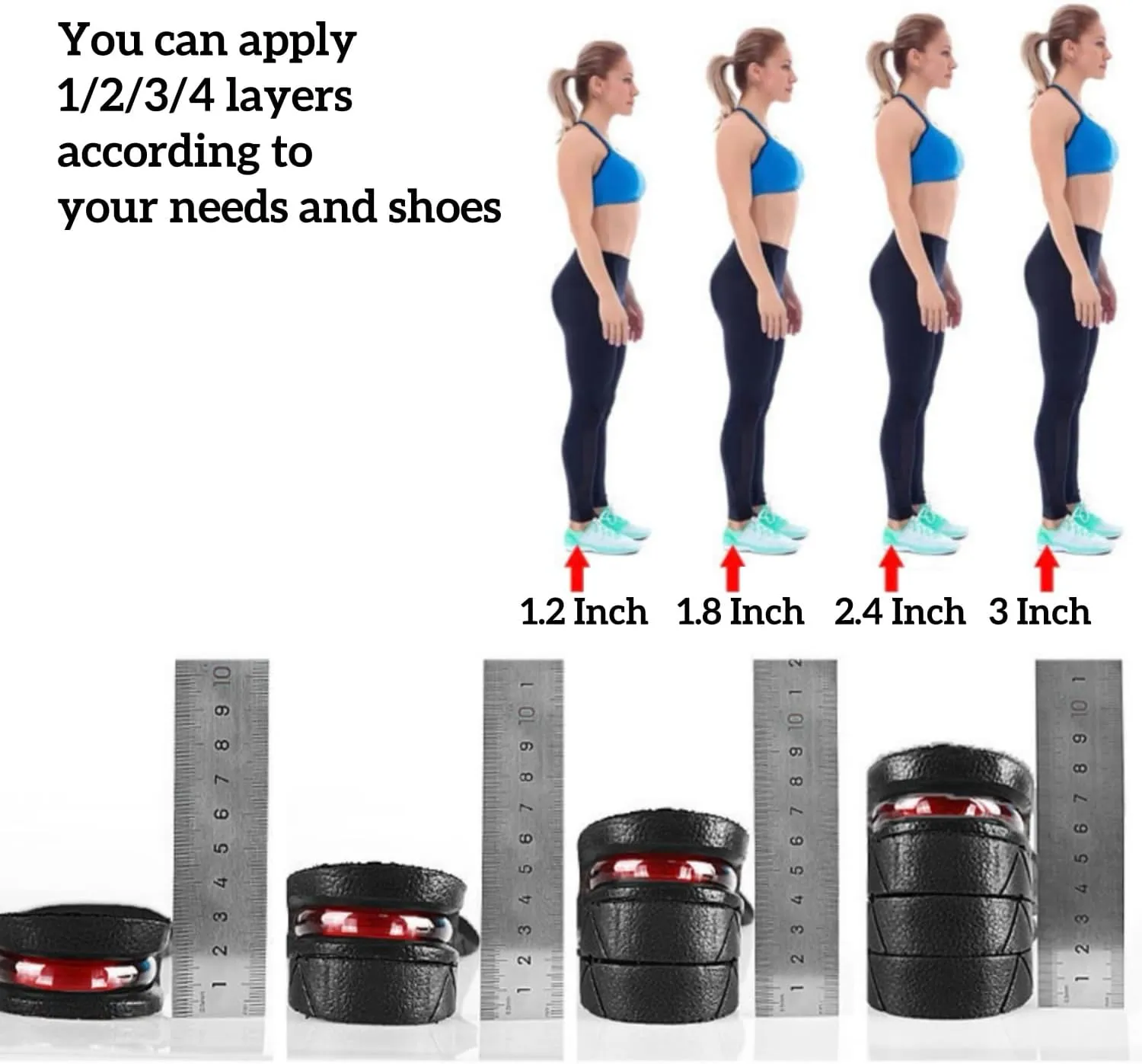 Height Increase Insoles 2 Layers, 1.2 to 1.8 Inches, Universal Non-Slip Air Up Shoe Lifts Half Shoe Inserts, Variable Height Increasing Taller Shoes with Air Cushion for Women and Men, 1 Pair