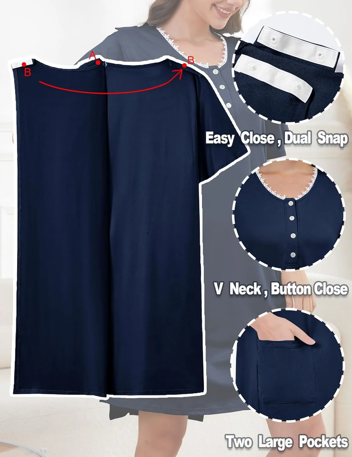 Hospital Gowns for Women Open Back Tear Away Snap Post Shoulder Surgery Short Sleeve Adaptive Clothing Nightgown