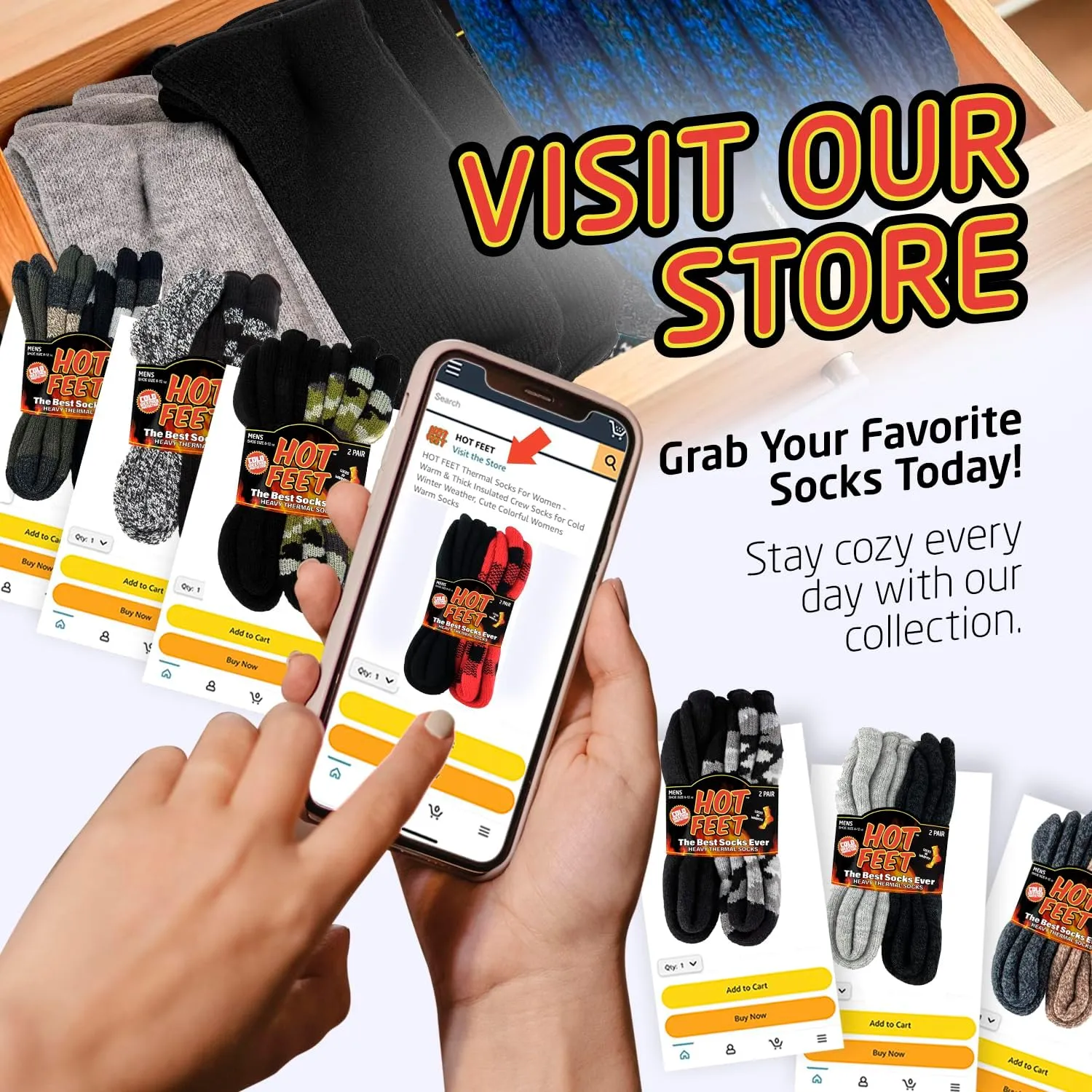 HOT FEET Thermal Socks for Men - Extreme Cold Weather, 2 Pack Thick Warm Socks, Winter Insulated, Size 6-12.5