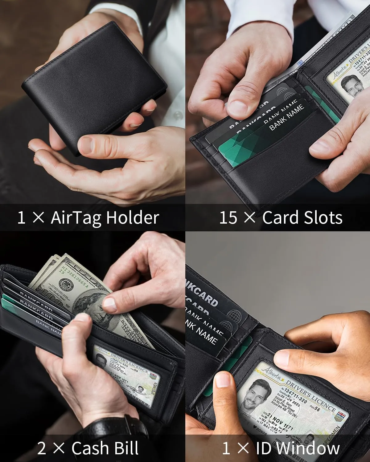 Mens Genuine Leather Bifold RFID Blocking Wallet with 14 Card Slots, ID Window & 2 Cash Pocket - Includes Gift Box