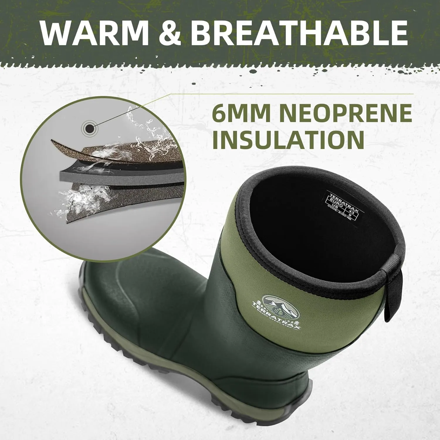 Men's Waterproof Insulated Rubber Hunting Boots  6mm Neoprene Rain Boots for Outdoor Work, Fishing, Farming & Gardening