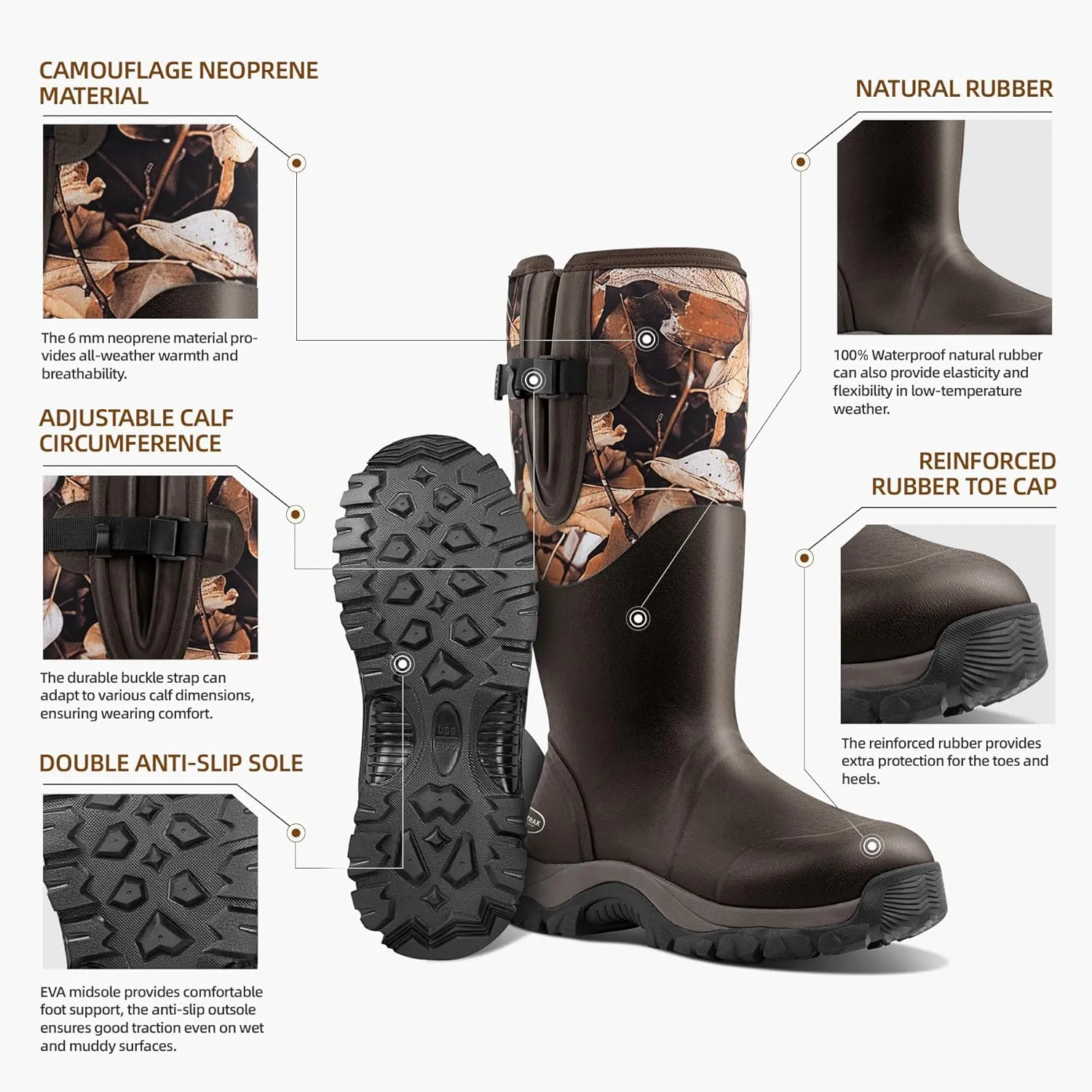 Men's Waterproof Insulated Rubber Hunting Boots  6mm Neoprene Rain Boots for Outdoor Work, Fishing, Farming & Gardening