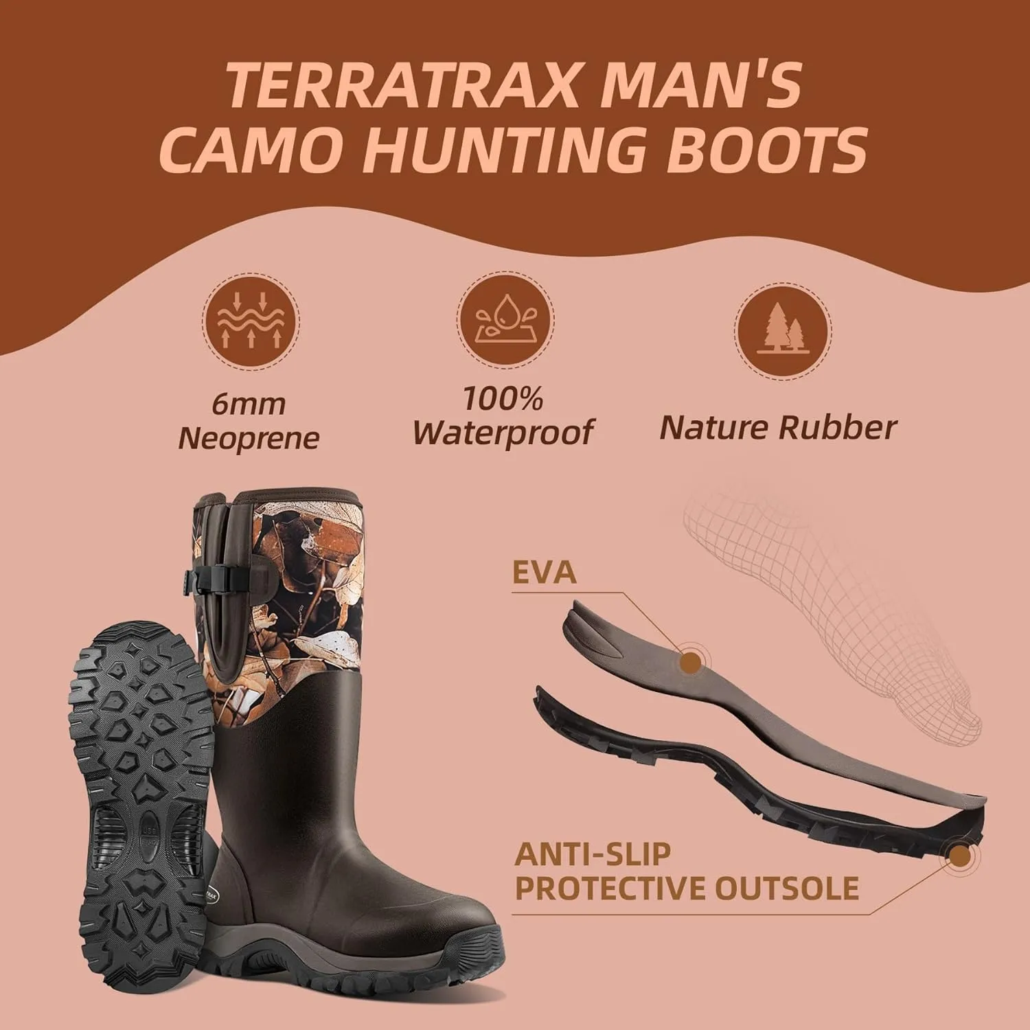 Men's Waterproof Insulated Rubber Hunting Boots  6mm Neoprene Rain Boots for Outdoor Work, Fishing, Farming & Gardening