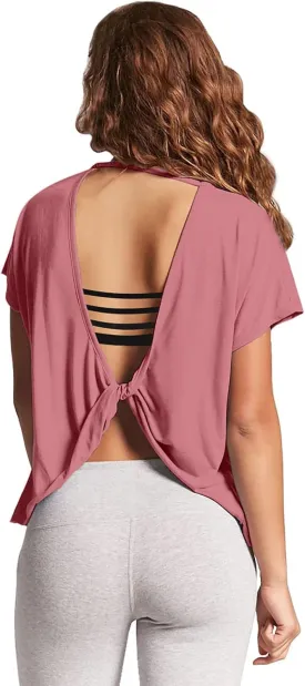 Mippo Womens Open Back Workout Tops Loose Short Sleeve Athletic Gym T Shirts