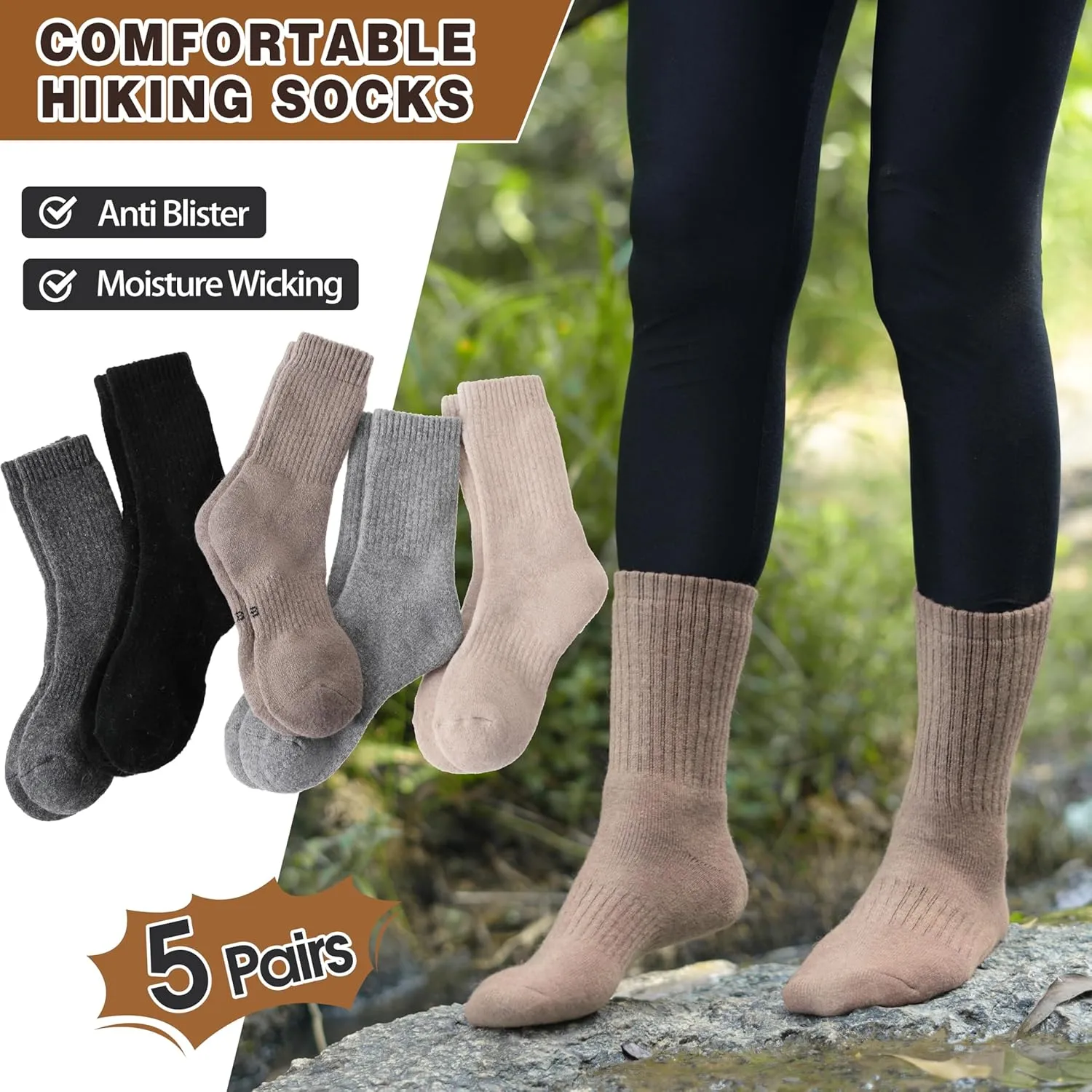 MOGGEI 5 Pairs Womens Merino Wool Socks Hiking Warm Winter Thick Thermal Crew Cozy Cabin Ladies Gift Comfy Boot Work Socks