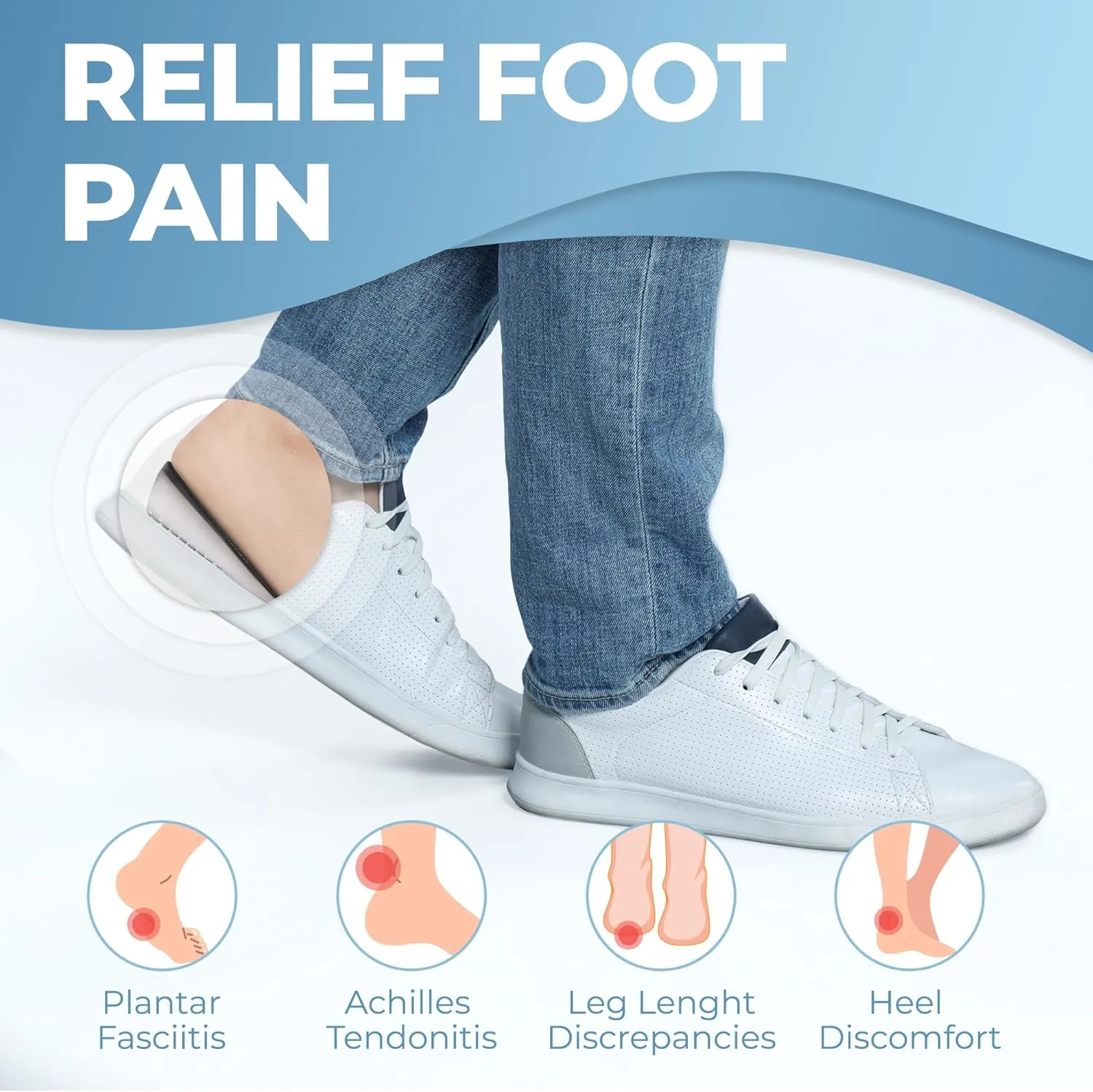 Orthopedic Heel Lift Inserts - 2 Pack, Plantar Fasciitis Relief, Height Increase Insole for Leg Length Discrepancies, Heel Spurs, Cups/Pads for Women/Men, Size L 1", Package May Vary