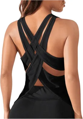 OYOANGLE Women's Sports Workout Tops Open Back Running Tank Top Racerback Casual Yoga Athletic Shirts