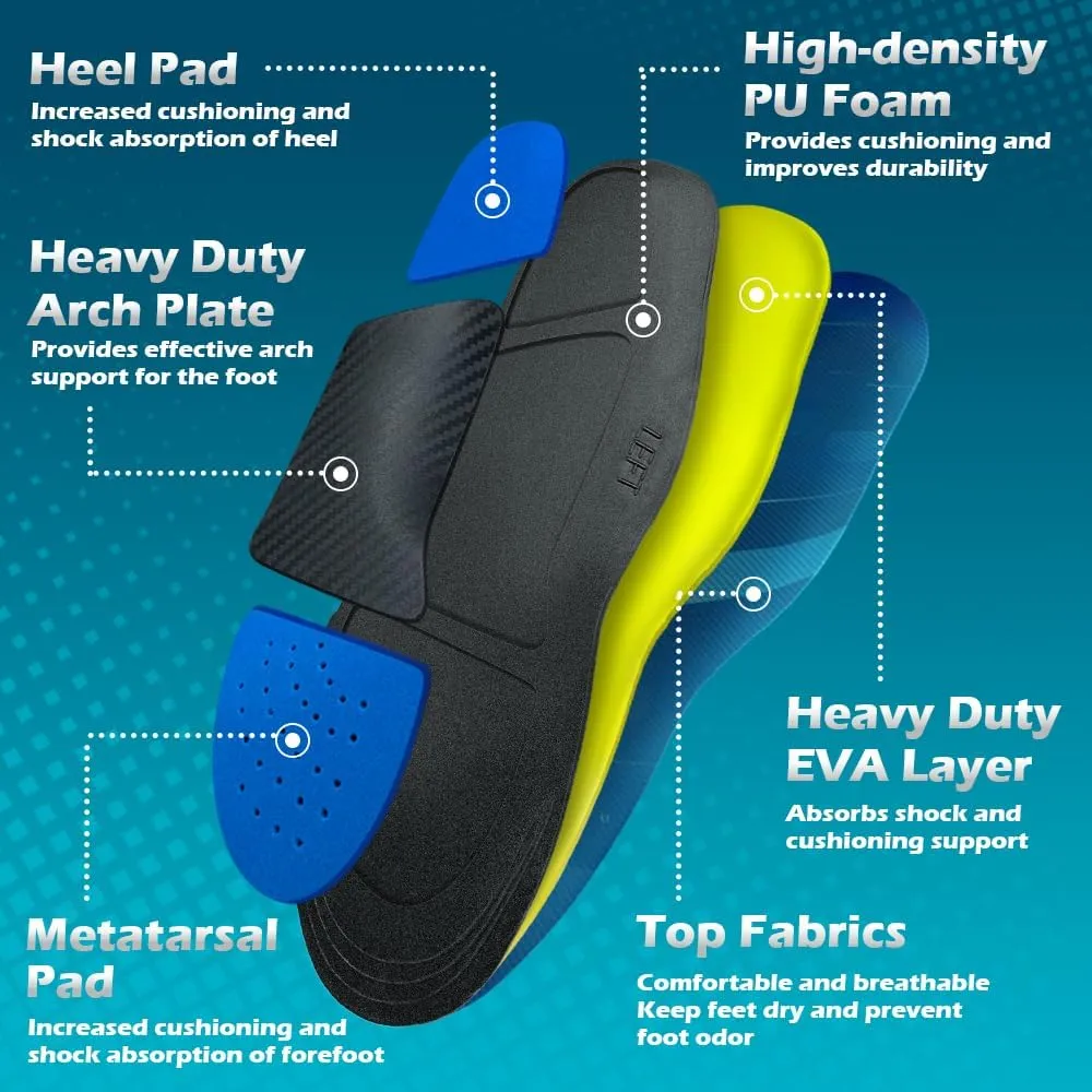 Plantar Fasciitis Insoles, 220 lbs Heavy Duty High Arch Support Inserts, Comfort Orthotics Insoles for Flat Feet and Foot Pain Relief, Work Boot Insoles for Men Women (295MM)