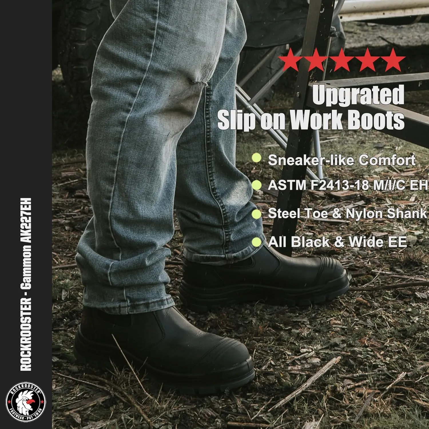 ROCKROOSTER Gammon Men's Slip On Work Boots, 6" Steel Toe Chelsea Work Boots, Toe Cap Oiled Leather Rubber Boots, Arch Support, Coolmax, Comfortable, ASTM F2413-18 Electrical Hazard EH, AK224ST